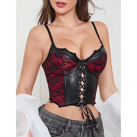 Women Black Red Sexy PU Leather Lace Up Corset Bustier Adjustable Push Up Top - Picture 3 of 5